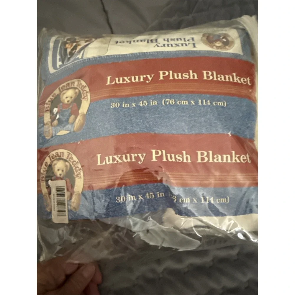 Blue Jean Teddy Bear Plush Fleece Baby Blanket Balloons Boy Girl 45X30 NIB